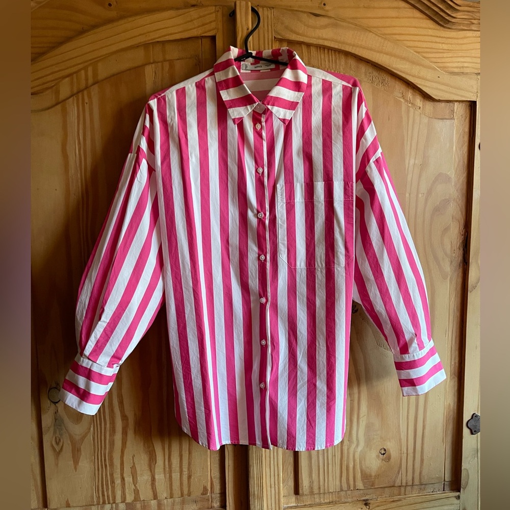 Mango Oversized Pink and White Striped Button-Down Shirt Size 6